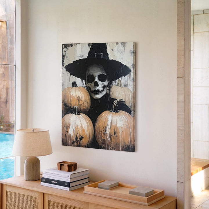 Witch Skeleton with Pumpkins Canvas – Modern Gothic Halloween Portrait - Gifitto