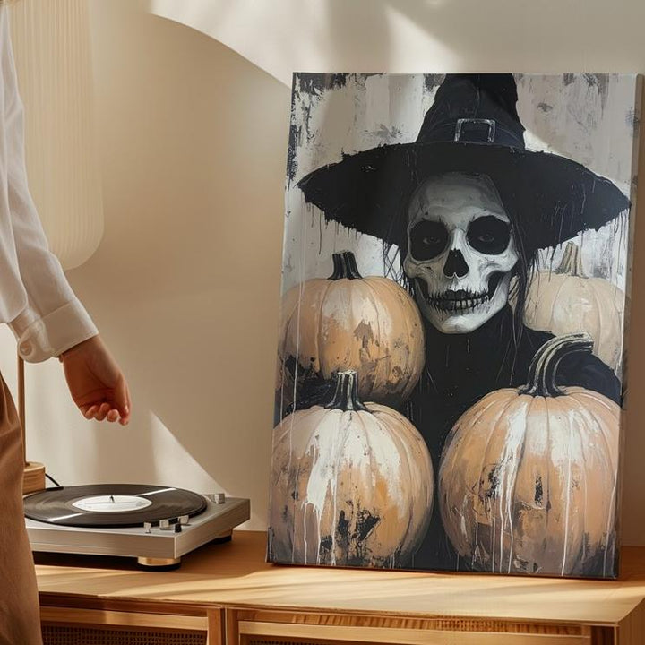 Witch Skeleton with Pumpkins Canvas – Modern Gothic Halloween Portrait - Gifitto