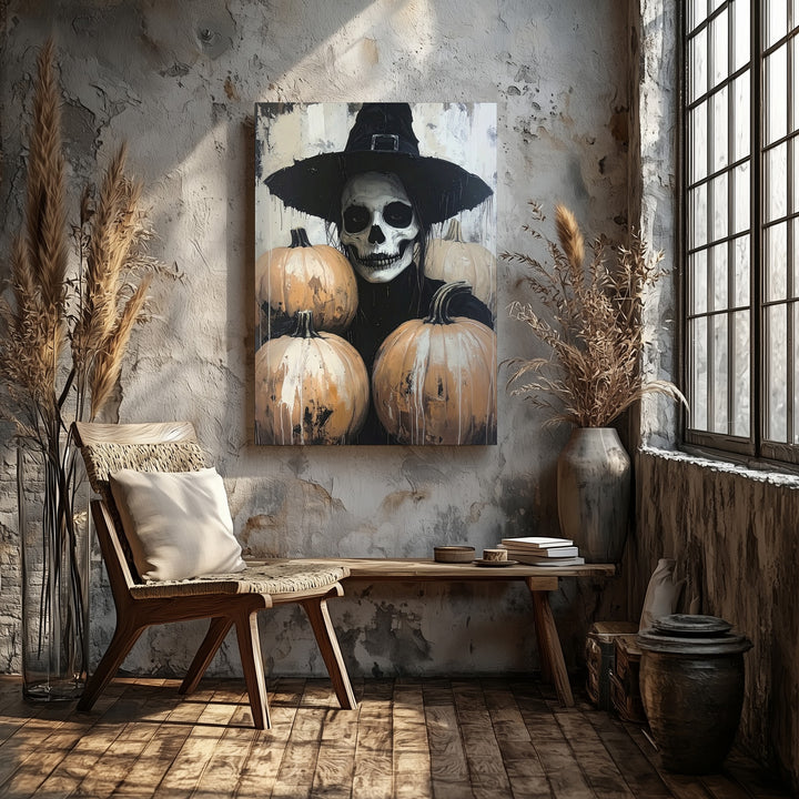 Witch Skeleton with Pumpkins Canvas – Modern Gothic Halloween Portrait - Gifitto