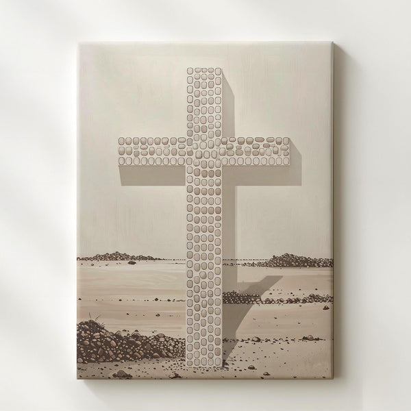 Pebble Stone Cross Canvas – Minimalist Christian Wall Art of Unity, Strength, and Spiritual Simplicity - Gifitto