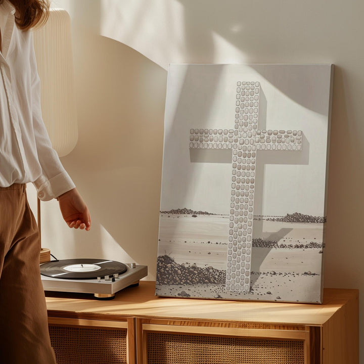 Pebble Stone Cross Canvas – Minimalist Christian Wall Art of Unity, Strength, and Spiritual Simplicity - Gifitto