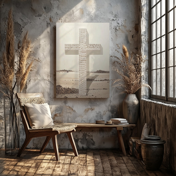 Pebble Stone Cross Canvas – Minimalist Christian Wall Art of Unity, Strength, and Spiritual Simplicity - Gifitto