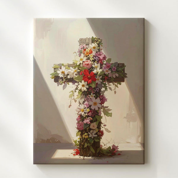 Floral Cross Canvas – Vibrant Christian Wall Art of Life, Faith, and Seasonal Renewal - Gifitto
