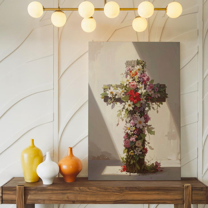 Floral Cross Canvas – Vibrant Christian Wall Art of Life, Faith, and Seasonal Renewal - Gifitto