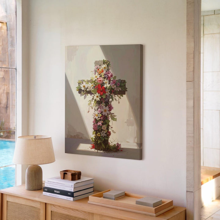 Floral Cross Canvas – Vibrant Christian Wall Art of Life, Faith, and Seasonal Renewal - Gifitto
