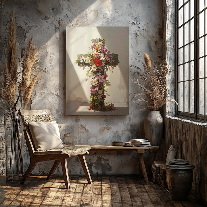 Floral Cross Canvas – Vibrant Christian Wall Art of Life, Faith, and Seasonal Renewal - Gifitto