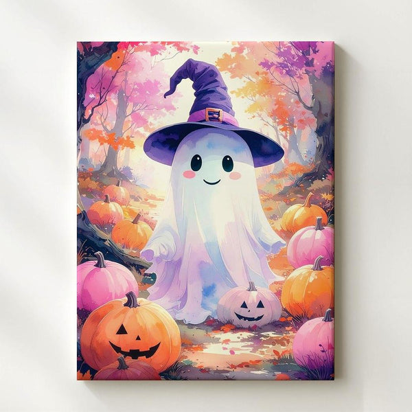 Witch Hat Ghost & Pumpkin Canvas – Whimsical Glowing Halloween Forest Art - Gifitto