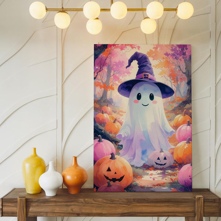 Witch Hat Ghost & Pumpkin Canvas – Whimsical Glowing Halloween Forest Art - Gifitto