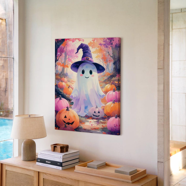 Witch Hat Ghost & Pumpkin Canvas – Whimsical Glowing Halloween Forest Art - Gifitto