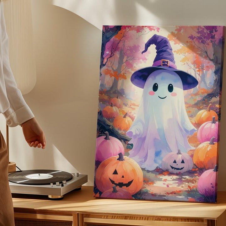 Witch Hat Ghost & Pumpkin Canvas – Whimsical Glowing Halloween Forest Art - Gifitto
