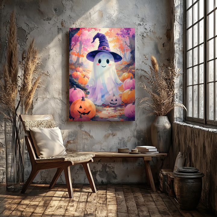 Witch Hat Ghost & Pumpkin Canvas – Whimsical Glowing Halloween Forest Art - Gifitto