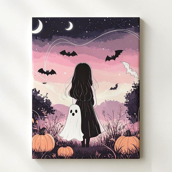 Pastel Ghost Friends Canvas – Whimsical Halloween Girl & Pumpkin Art - Gifitto