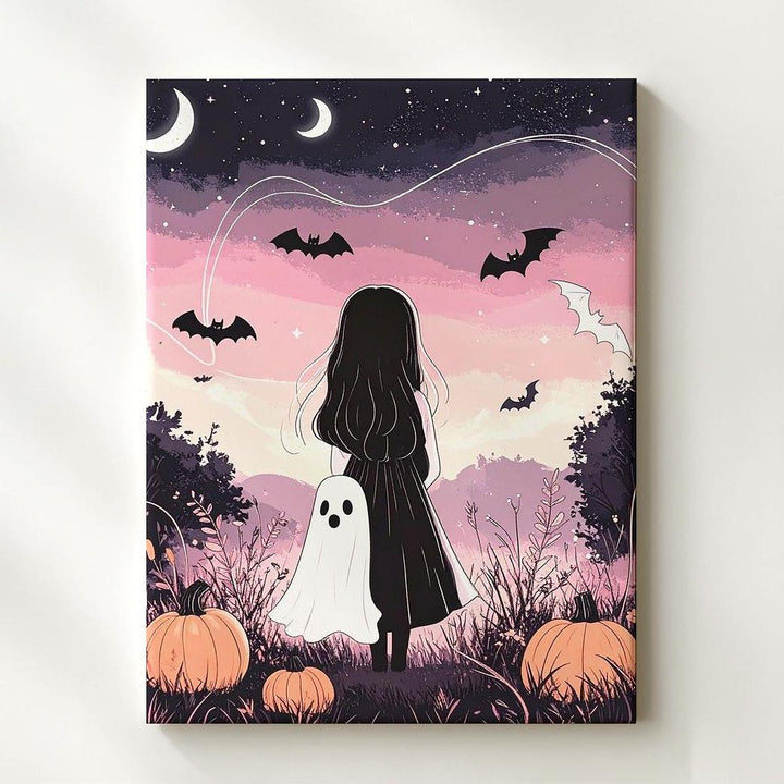 Pastel Ghost Friends Canvas – Whimsical Halloween Girl & Pumpkin Art - Gifitto