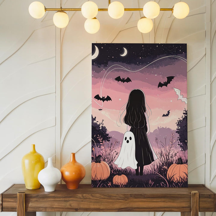 Pastel Ghost Friends Canvas – Whimsical Halloween Girl & Pumpkin Art - Gifitto
