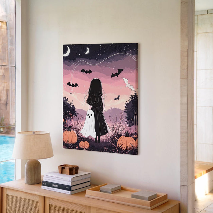 Pastel Ghost Friends Canvas – Whimsical Halloween Girl & Pumpkin Art - Gifitto