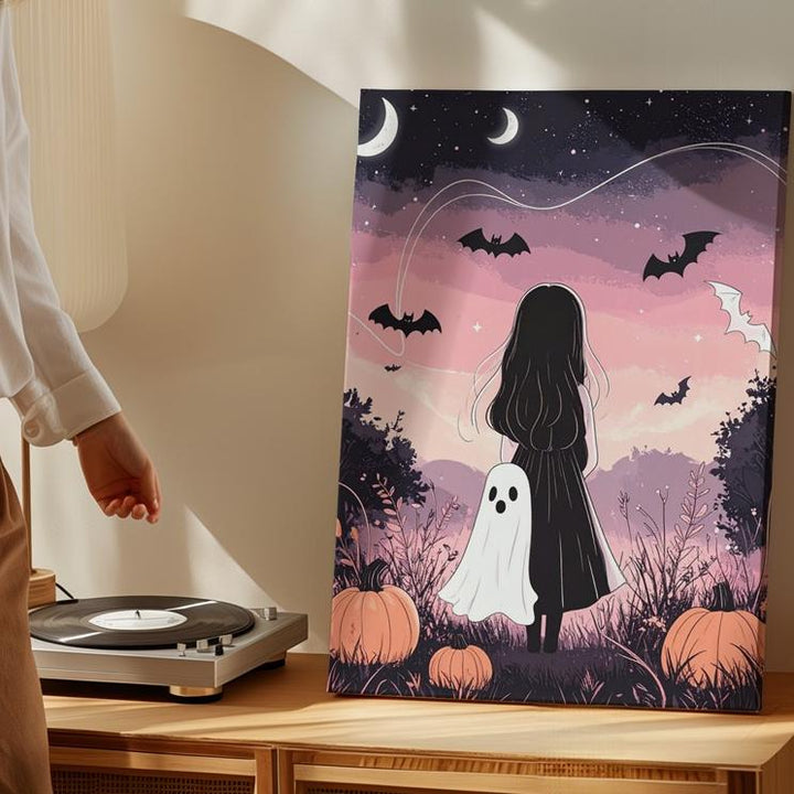 Pastel Ghost Friends Canvas – Whimsical Halloween Girl & Pumpkin Art - Gifitto