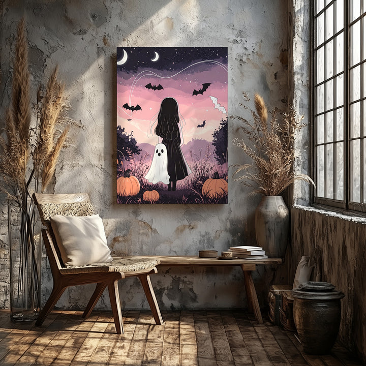 Pastel Ghost Friends Canvas – Whimsical Halloween Girl & Pumpkin Art - Gifitto