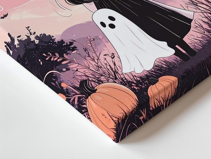 Pastel Ghost Friends Canvas – Whimsical Halloween Girl & Pumpkin Art - Gifitto