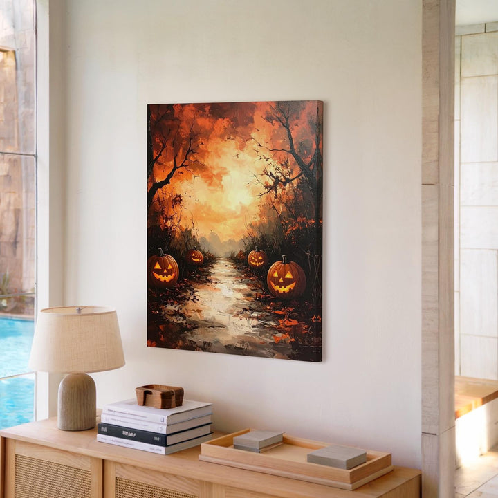 Cinematic Halloween Pathway Canvas – Glowing Jack-O'-Lanterns & Twisted Trees - Gifitto