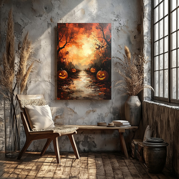 Cinematic Halloween Pathway Canvas – Glowing Jack-O'-Lanterns & Twisted Trees - Gifitto