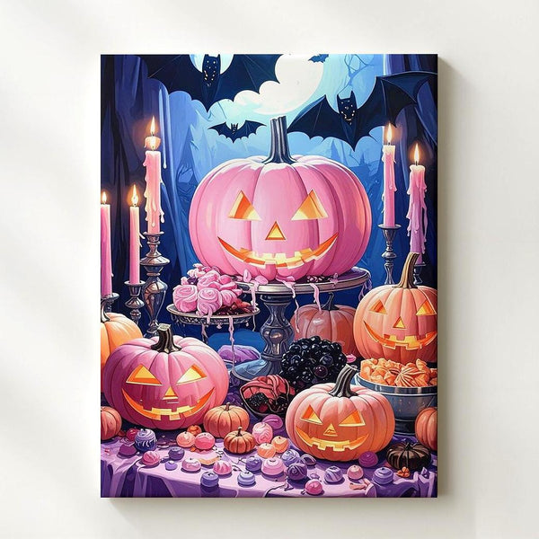 Gothic Halloween Feast Canvas – Pink Pumpkins, Candles & Bats Table Art - Gifitto