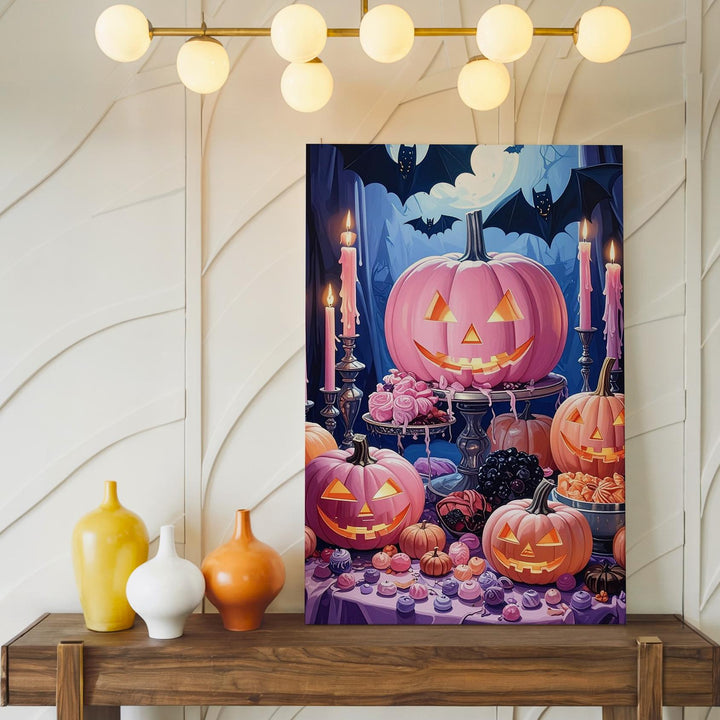 Gothic Halloween Feast Canvas – Pink Pumpkins, Candles & Bats Table Art - Gifitto