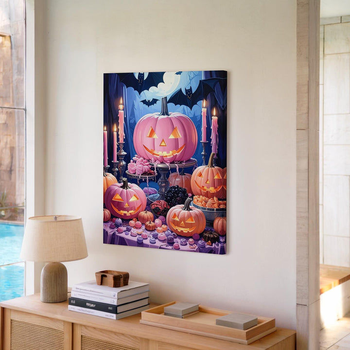 Gothic Halloween Feast Canvas – Pink Pumpkins, Candles & Bats Table Art - Gifitto