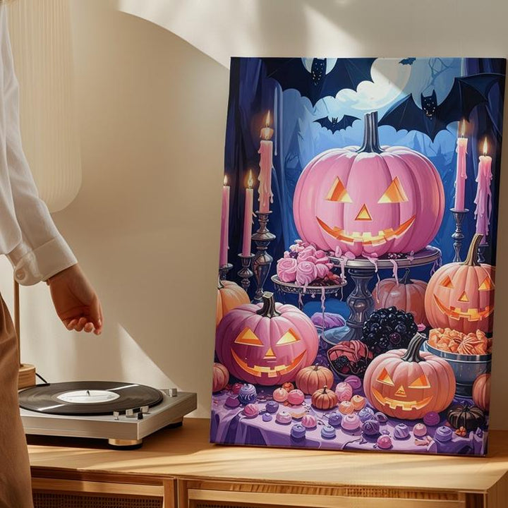 Gothic Halloween Feast Canvas – Pink Pumpkins, Candles & Bats Table Art - Gifitto