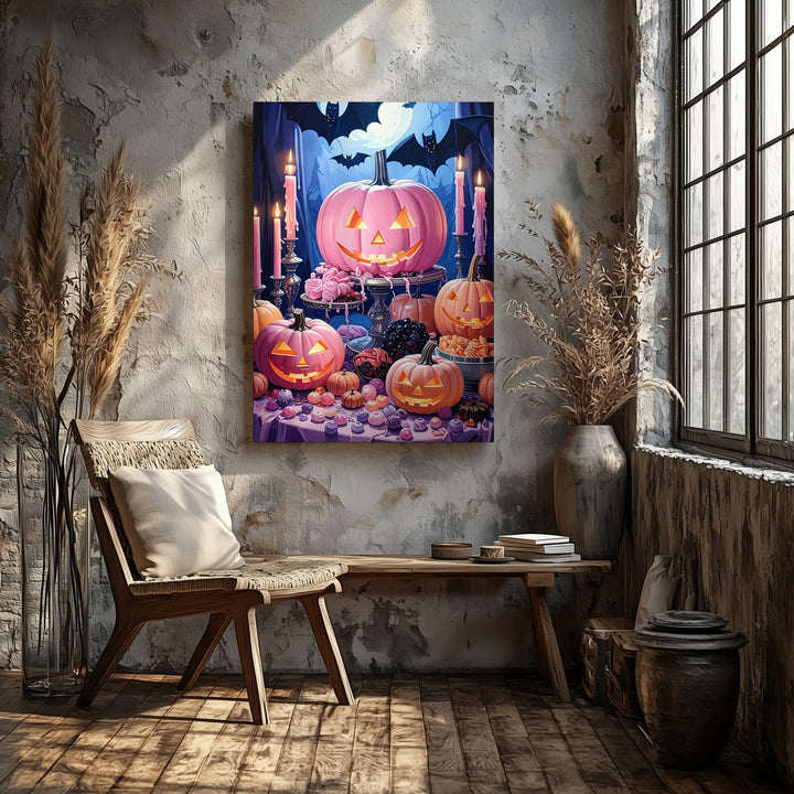 Gothic Halloween Feast Canvas – Pink Pumpkins, Candles & Bats Table Art - Gifitto