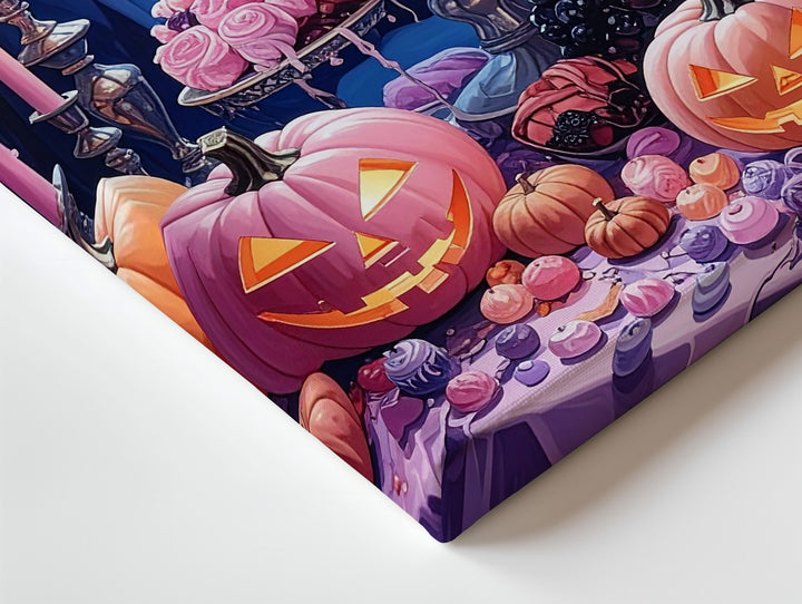Gothic Halloween Feast Canvas – Pink Pumpkins, Candles & Bats Table Art - Gifitto