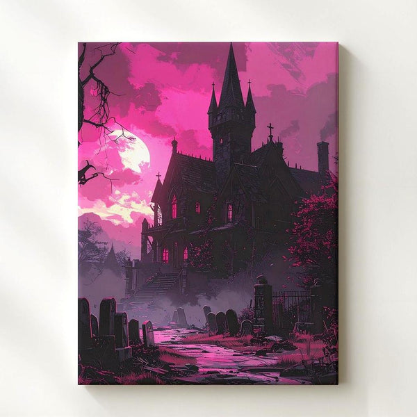 Magenta Gothic Castle Canvas – Haunted Halloween Horror Wall Art - Gifitto