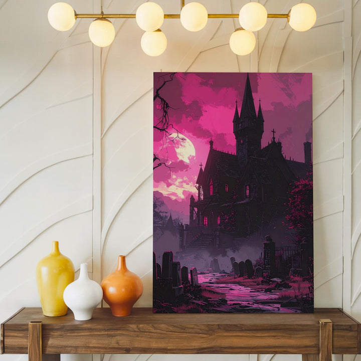 Magenta Gothic Castle Canvas – Haunted Halloween Horror Wall Art - Gifitto
