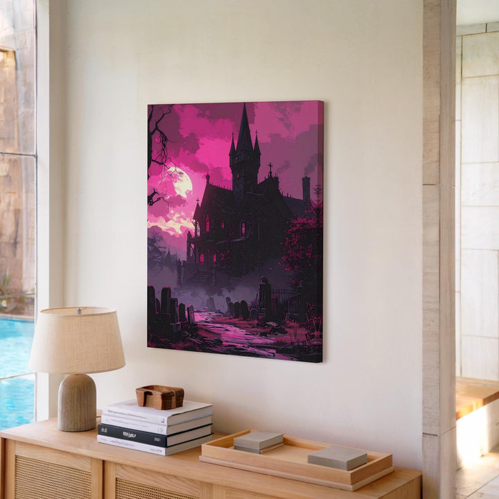 Magenta Gothic Castle Canvas – Haunted Halloween Horror Wall Art - Gifitto