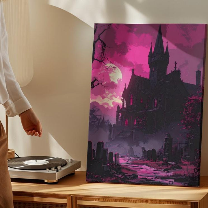Magenta Gothic Castle Canvas – Haunted Halloween Horror Wall Art - Gifitto