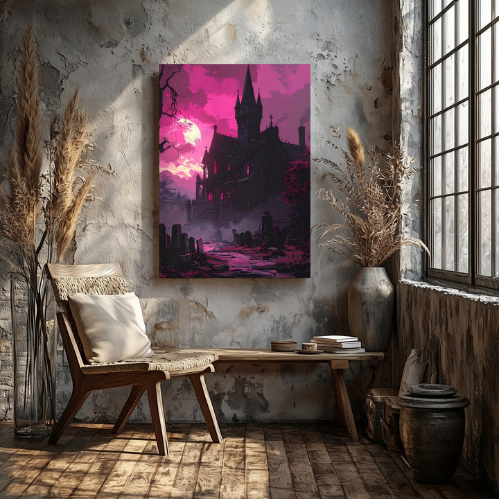 Magenta Gothic Castle Canvas – Haunted Halloween Horror Wall Art - Gifitto