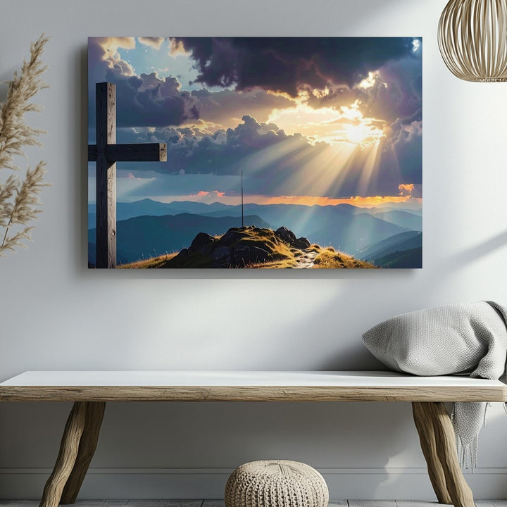 Silhouette Cross at Sunset Canvas – Dramatic Faith & Reflection Wall Art - Gifitto