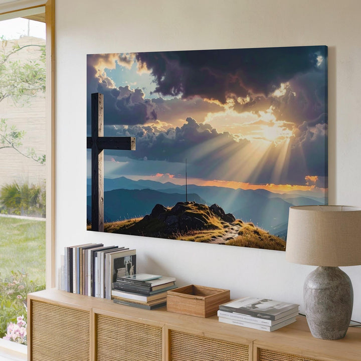 Silhouette Cross at Sunset Canvas – Dramatic Faith & Reflection Wall Art - Gifitto