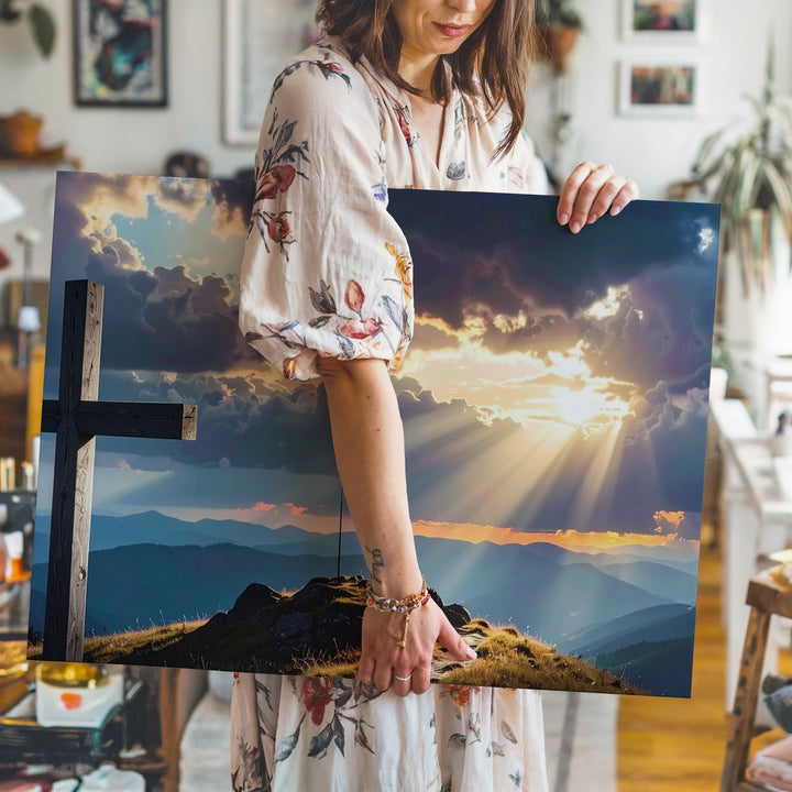 Silhouette Cross at Sunset Canvas – Dramatic Faith & Reflection Wall Art - Gifitto