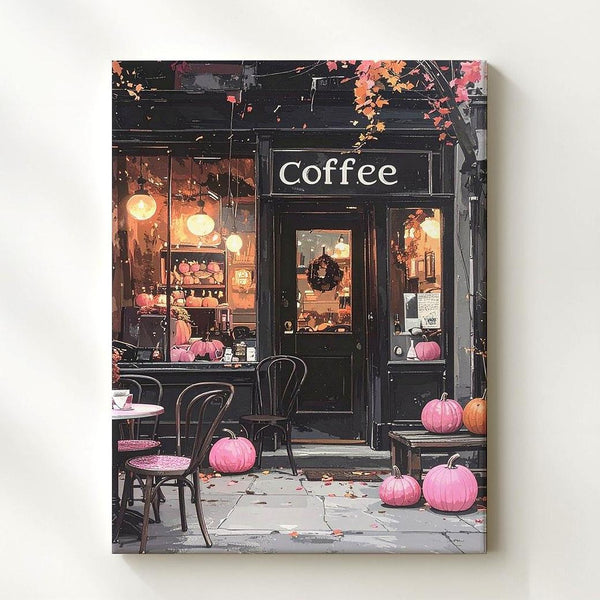 Cozy Halloween Café Canvas – Glowing Windows & Pink Pumpkins Art - Gifitto