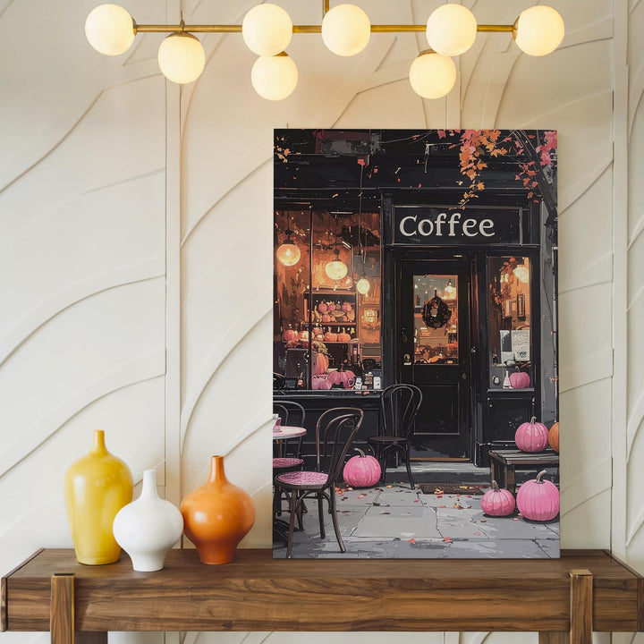 Cozy Halloween Café Canvas – Glowing Windows & Pink Pumpkins Art - Gifitto