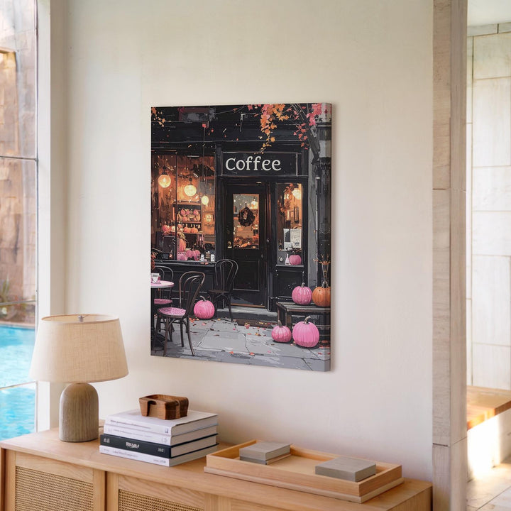 Cozy Halloween Café Canvas – Glowing Windows & Pink Pumpkins Art - Gifitto