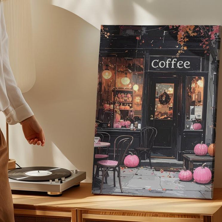 Cozy Halloween Café Canvas – Glowing Windows & Pink Pumpkins Art - Gifitto