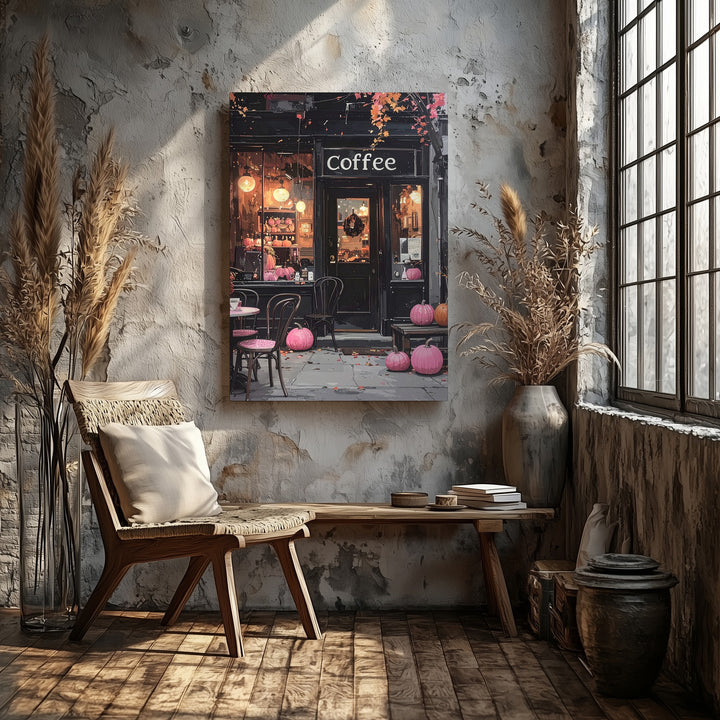 Cozy Halloween Café Canvas – Glowing Windows & Pink Pumpkins Art - Gifitto