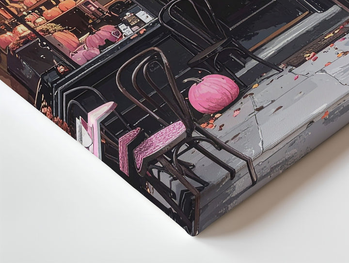 Cozy Halloween Café Canvas – Glowing Windows & Pink Pumpkins Art - Gifitto