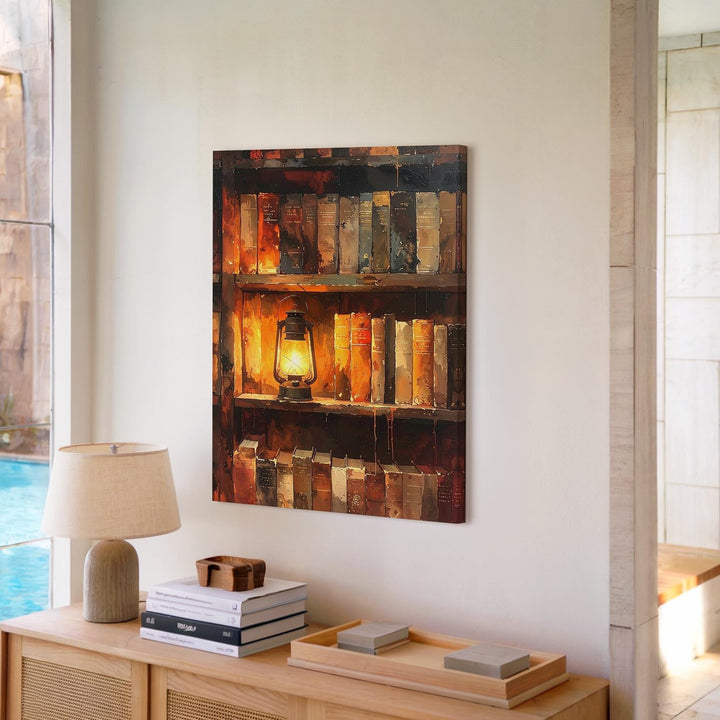 Arcane Bookshelf Canvas – Antique Lantern Glow & Occult Library Wall Art - Gifitto