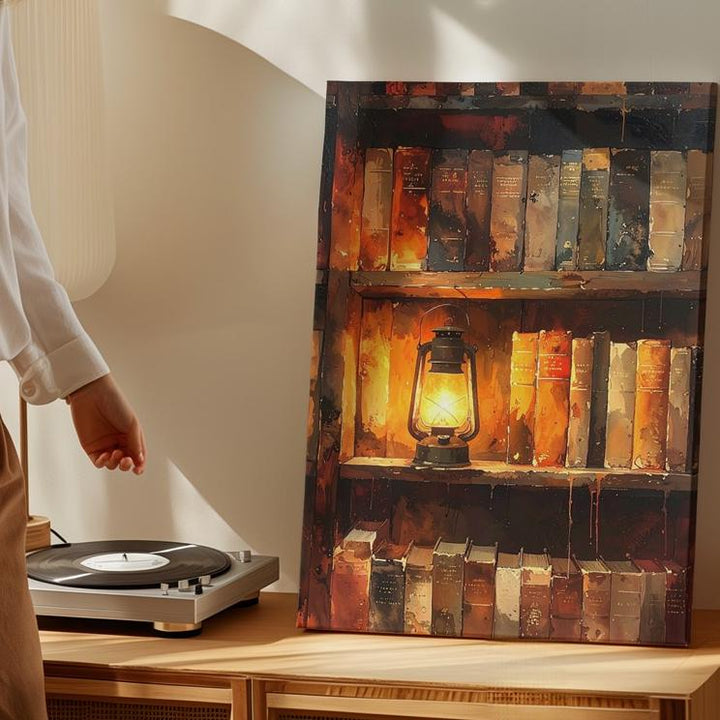 Arcane Bookshelf Canvas – Antique Lantern Glow & Occult Library Wall Art - Gifitto