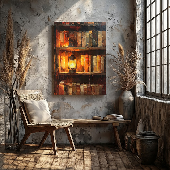 Arcane Bookshelf Canvas – Antique Lantern Glow & Occult Library Wall Art - Gifitto