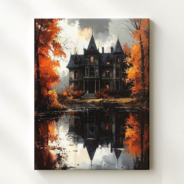 Haunted Mansion Reflection Canvas – Gothic Lake & Autumn Halloween Art - Gifitto