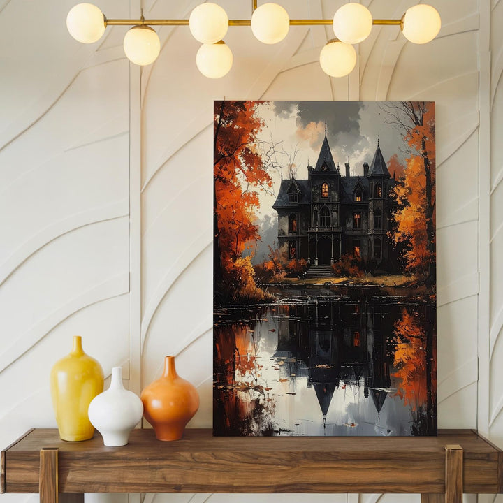 Haunted Mansion Reflection Canvas – Gothic Lake & Autumn Halloween Art - Gifitto