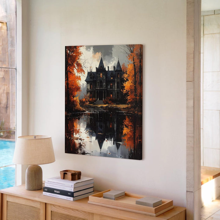 Haunted Mansion Reflection Canvas – Gothic Lake & Autumn Halloween Art - Gifitto